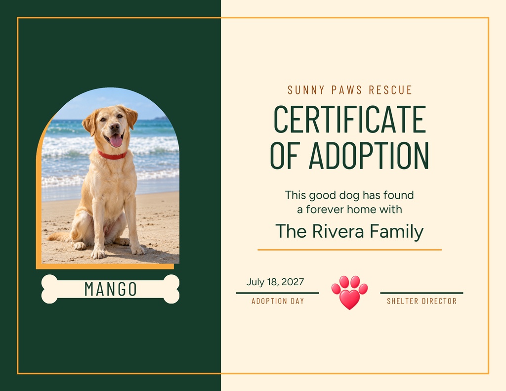 Preview for Meet Mango, Ready To Adopt Keepsake Certificate Template