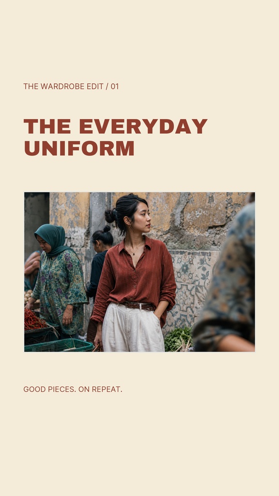 Minimal fashion story template with headline and a portrait photo of a woman in a red shirt.