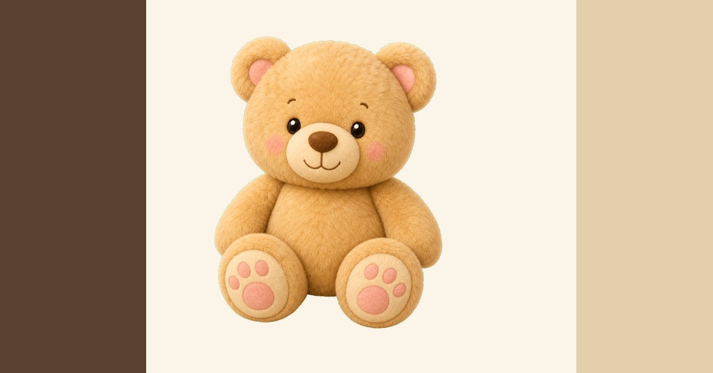 A plush teddy bear sitting on a cream background with brown side panels.