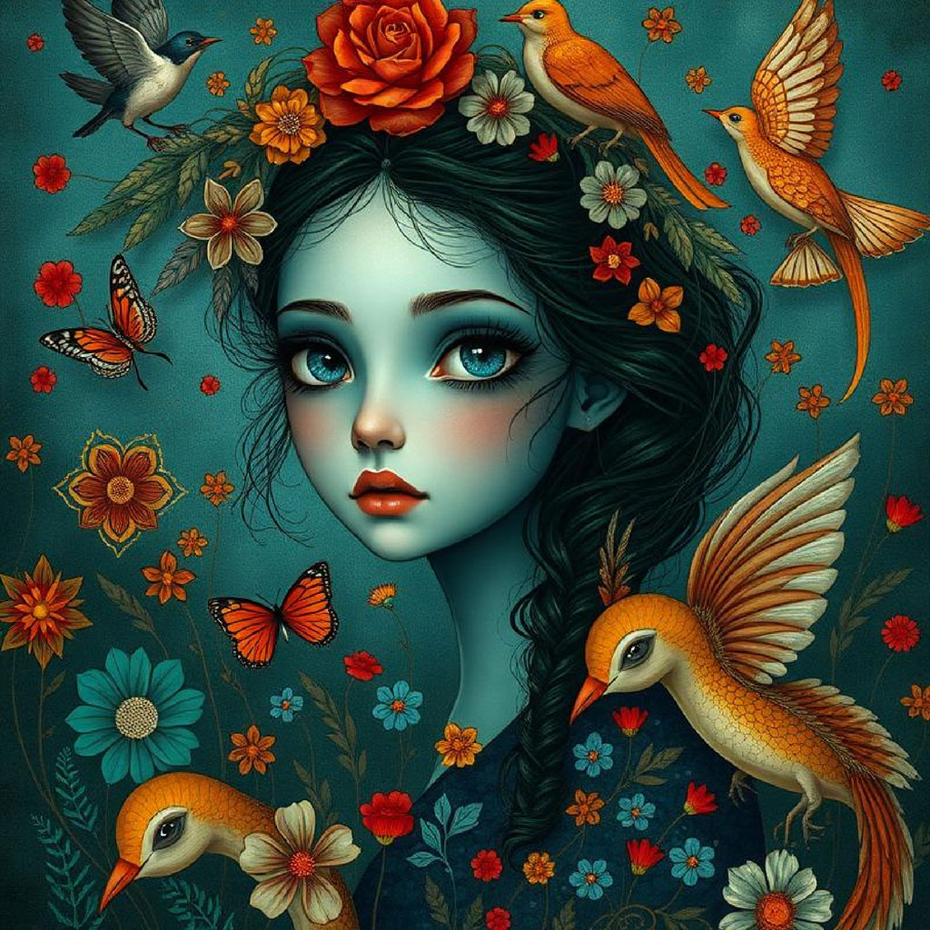 Woman with flowers and birds in her hair