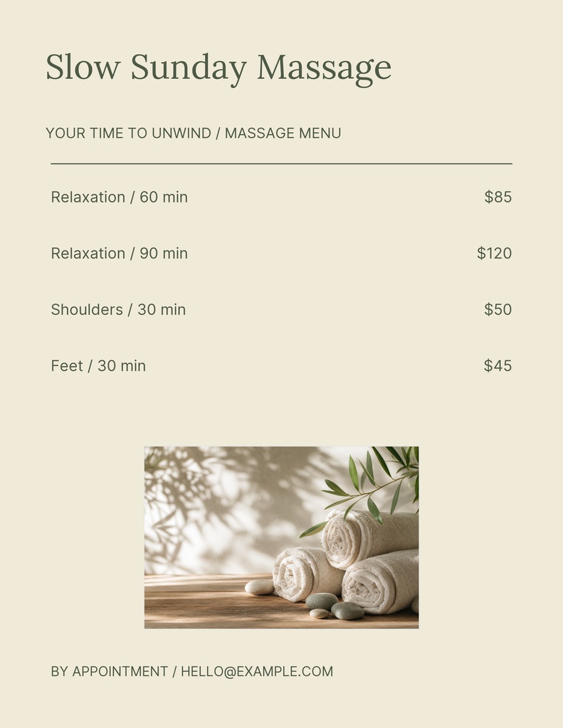 Preview for Slow Sunday Massage Letter Menu / Price List Template