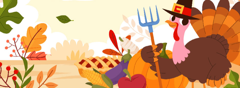 A cartoon turkey wearing a pilgrim hat holding a pitchfork amidst a cornucopia of autumn produce