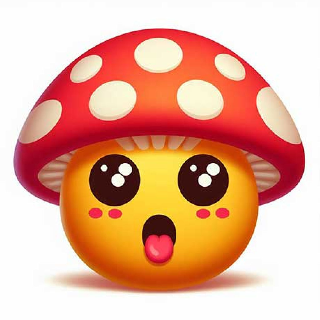 A yellow emoji with a red mushroom cap and white spots, displaying a surprised expression.