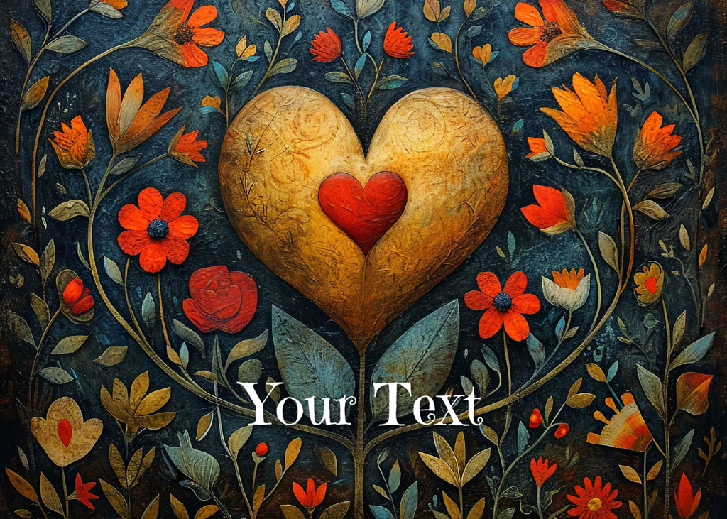 A golden heart with a red center surrounded by red and orange flowers