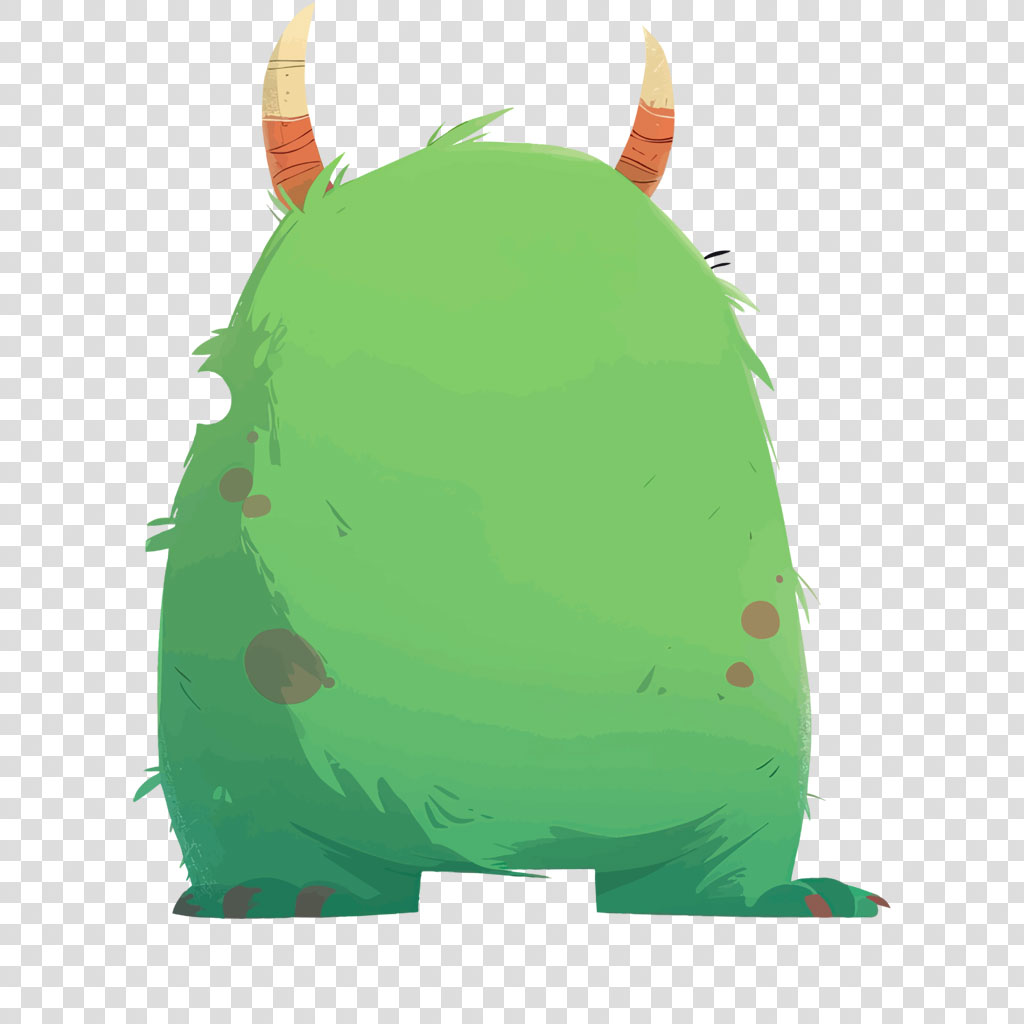 A green cartoon monster with orange horns and brown spots
