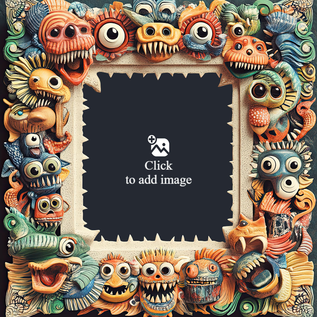 A decorative frame featuring a variety of colorful, cartoonish monsters and creatures.