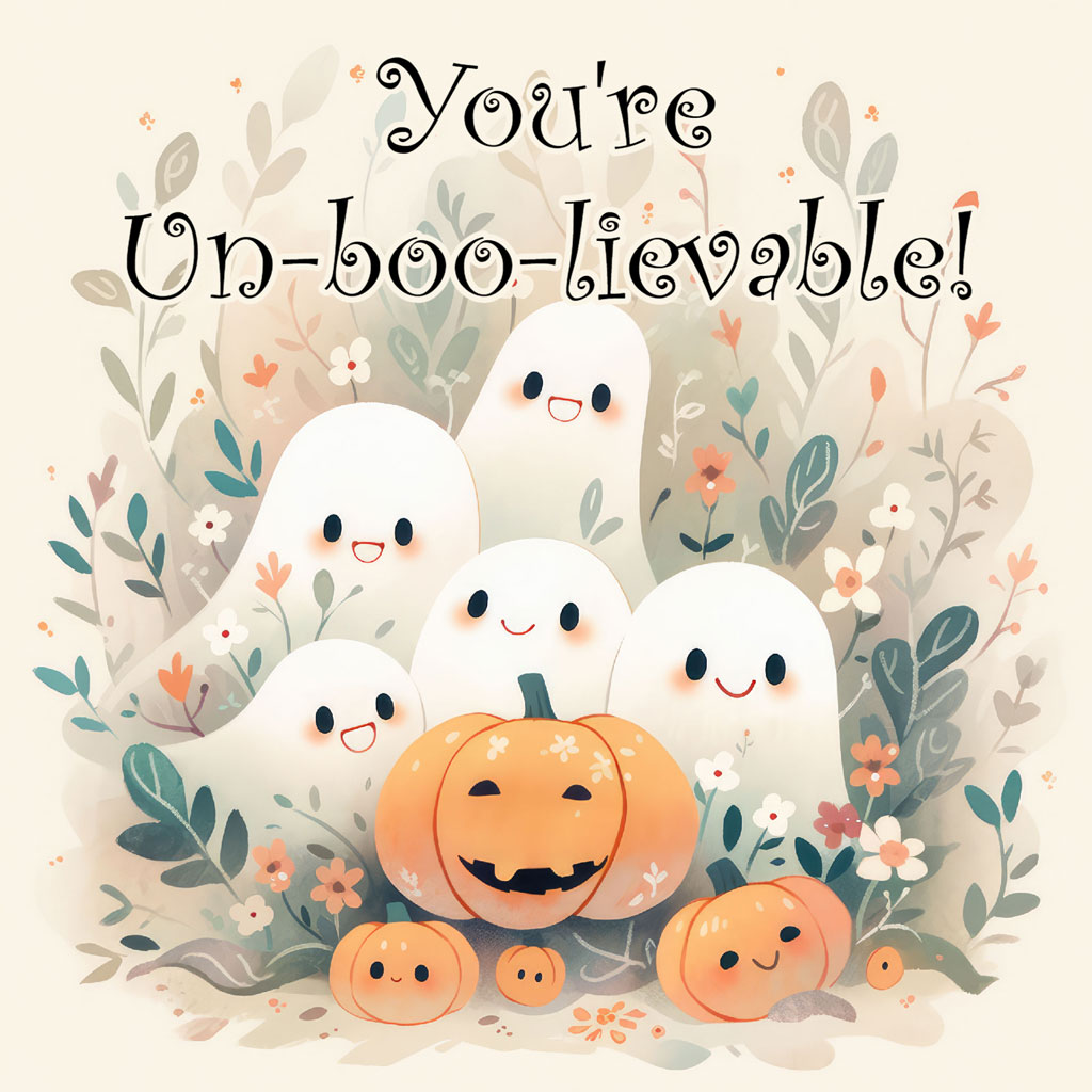 A group of friendly ghosts and smiling pumpkins surrounded by flowers and leaves with the text 'You're Un-boo-lievable!'
