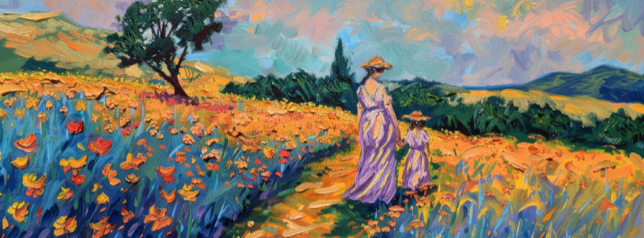 Impressionist painting of a woman and child walking in a field