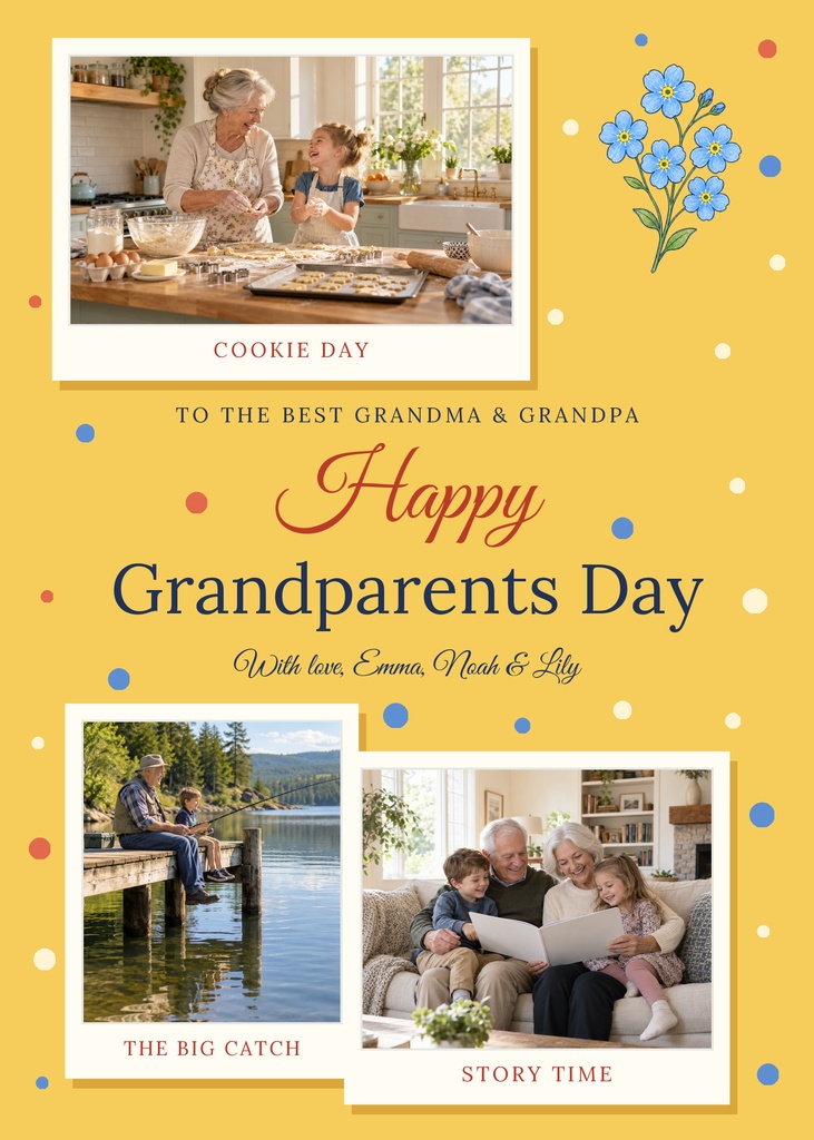 Yellow Grandparents Day card with three family photos, flowers, and celebratory text