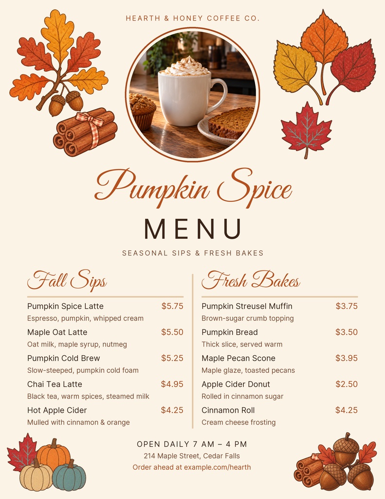 Preview for The Pumpkin Spice Menu Letter Menu / Price List Template