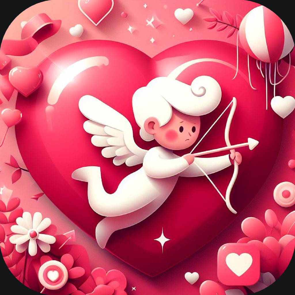 Cartoon Cupid with bow and arrow in front of a large red heart