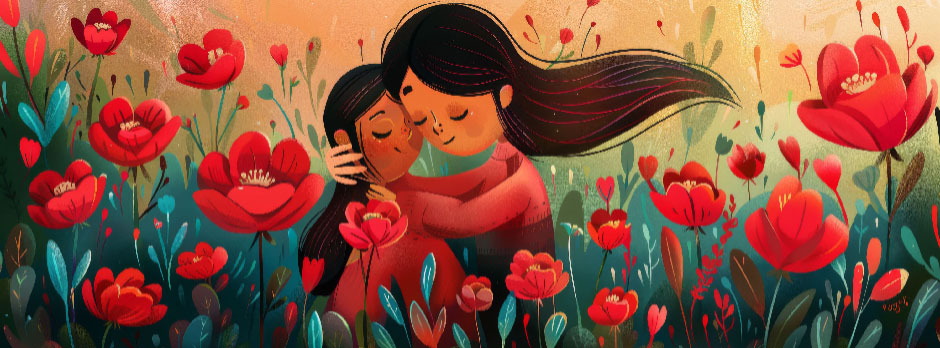 Illustration of a mother and child hugging in a field of red poppies