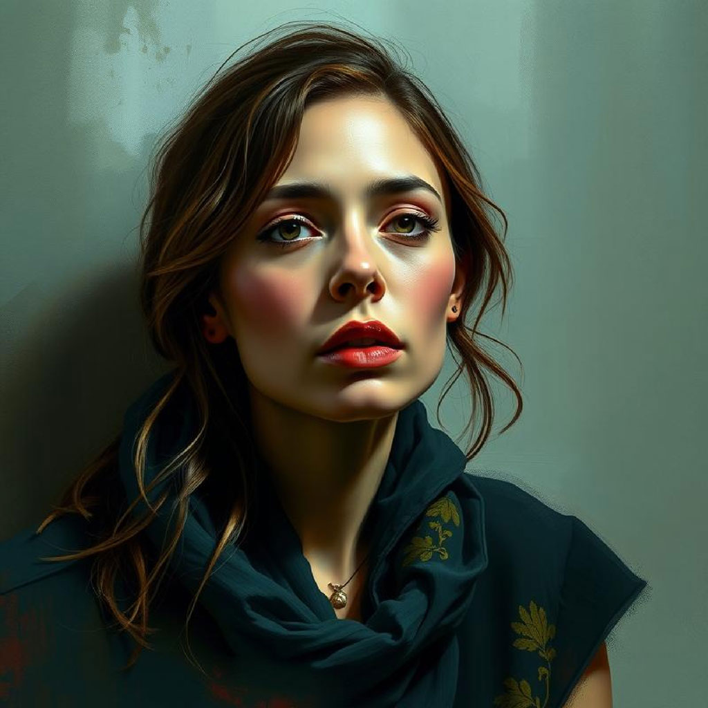 A woman with brown hair and a dark green floral shirt and scarf, looking directly at the camera.