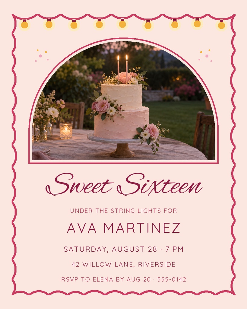 Pink sweet sixteen invitation with a tiered cake, string lights, and floral details.