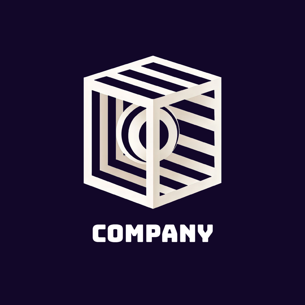 Stylized company logo with a cube and circular element