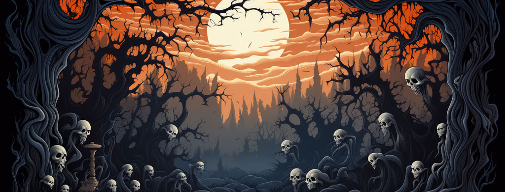 Illustration of numerous skulls in a dark forest with an orange sunset in the background
