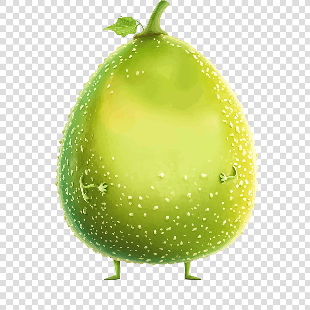 A cartoon pear with a smiling face and legs