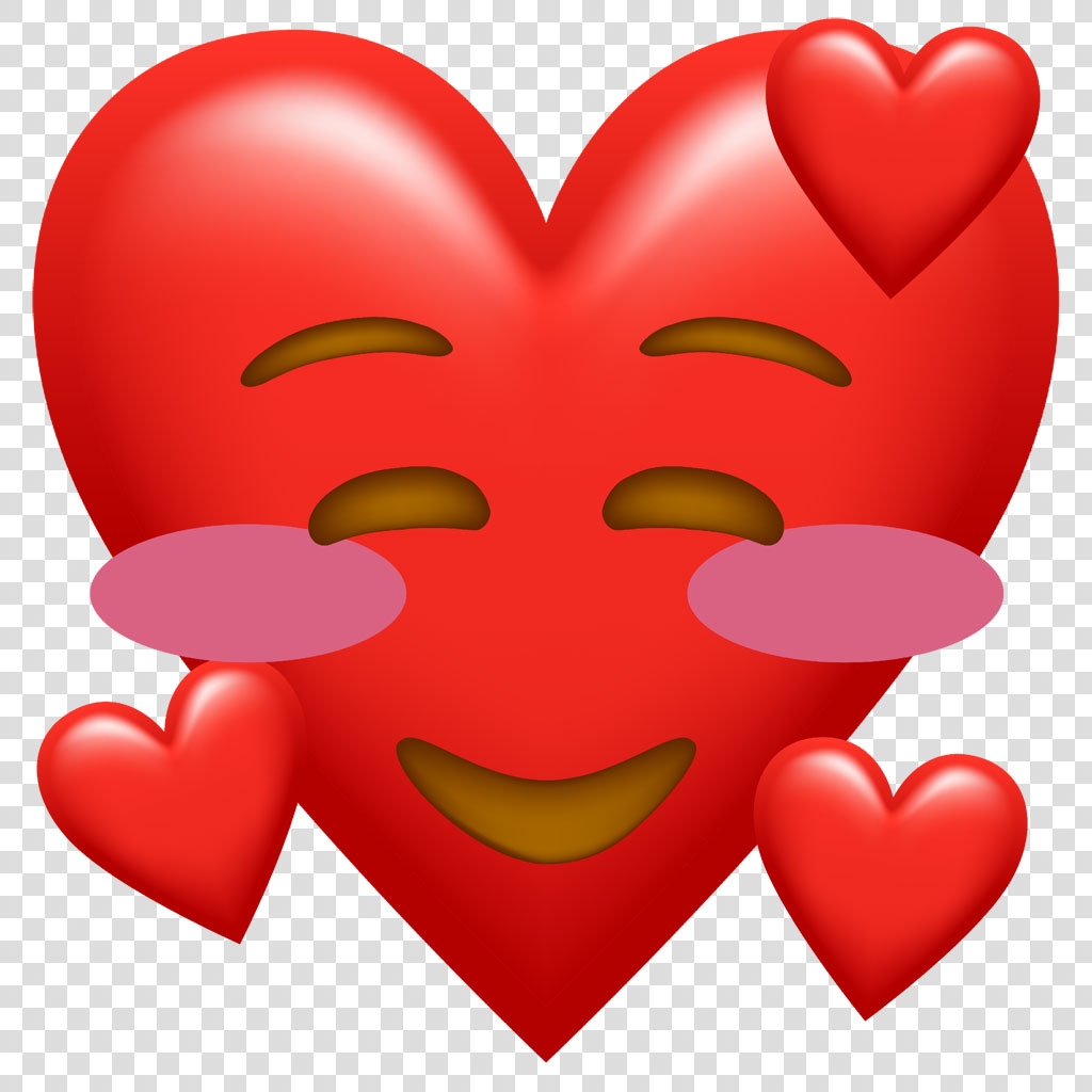 A cartoon heart with a smiling face and blushing cheeks surrounded by smaller hearts