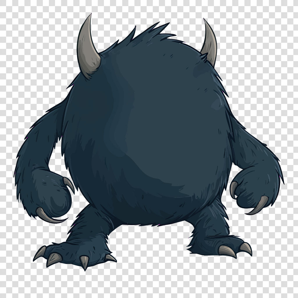 A dark blue cartoon monster with two horns and sharp claws on its hands and feet.