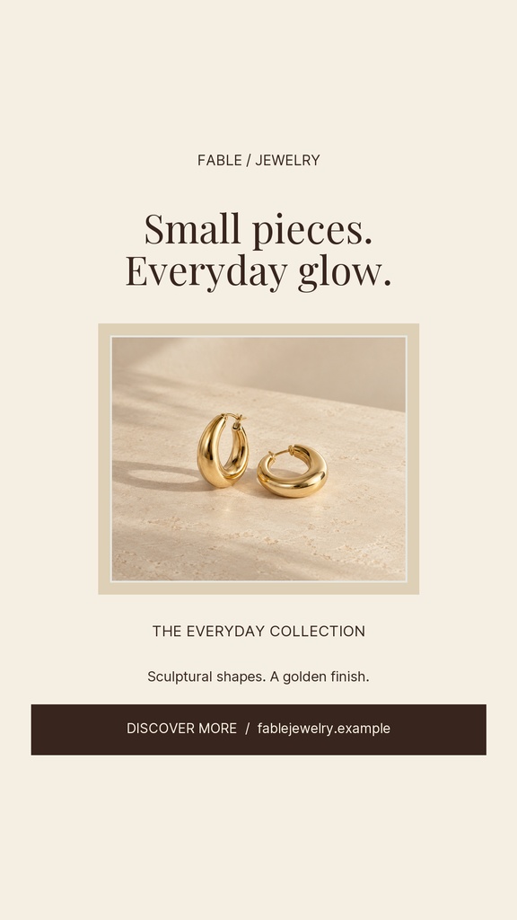 Minimal jewelry Instagram story template with gold earrings and boutique promotion text.