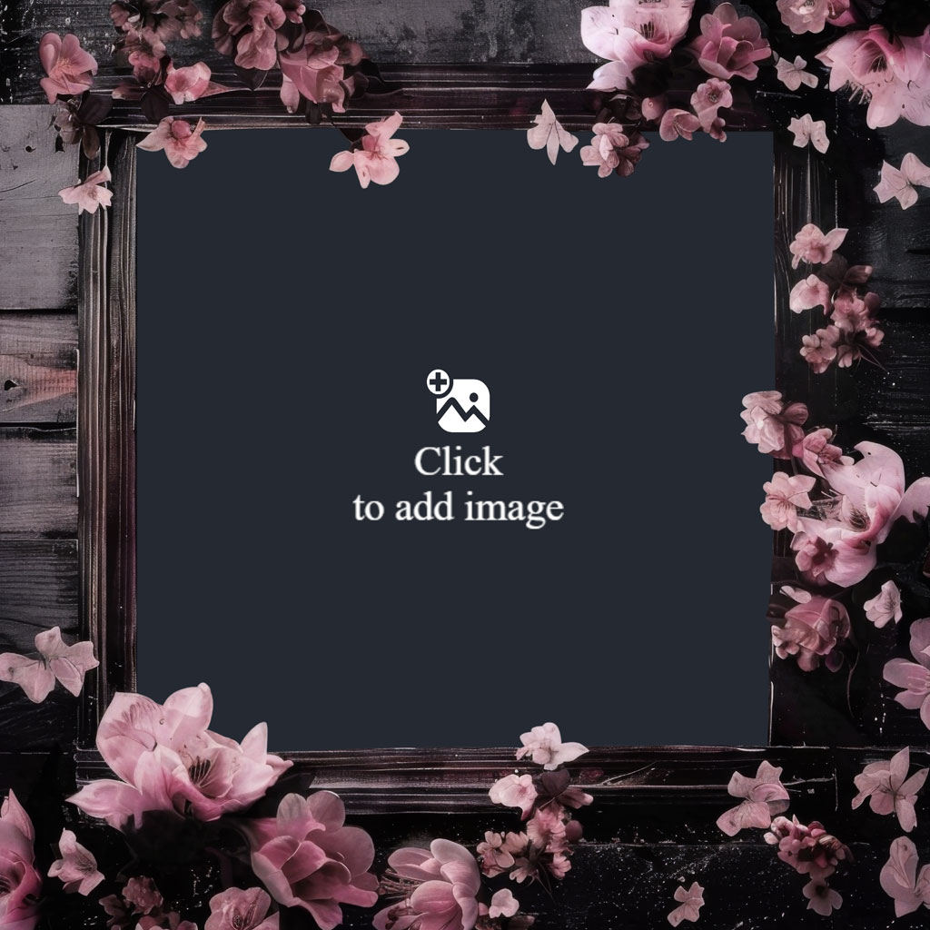 A dark brown wooden frame with pink flowers on a distressed wooden background