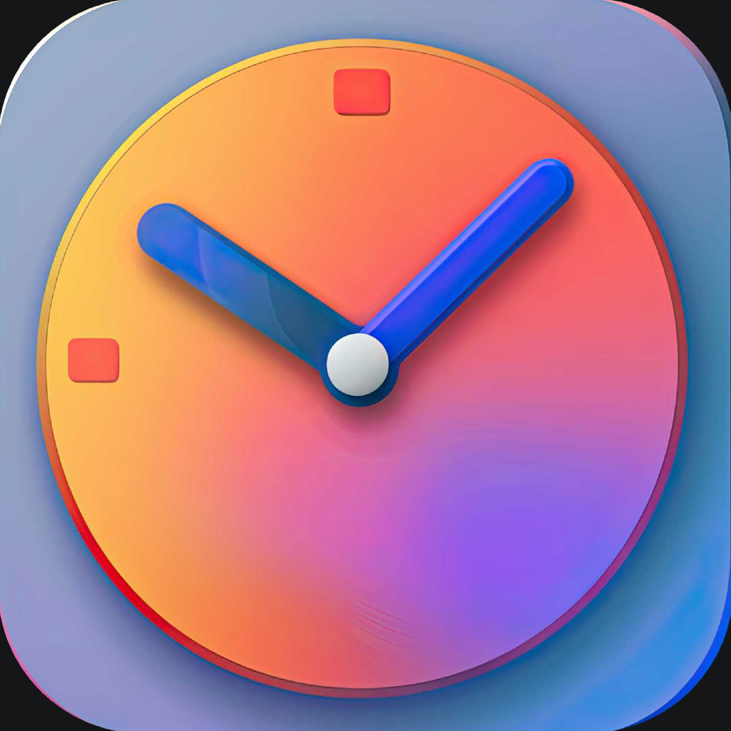 A modern stopwatch icon with a gradient background and blue hands.