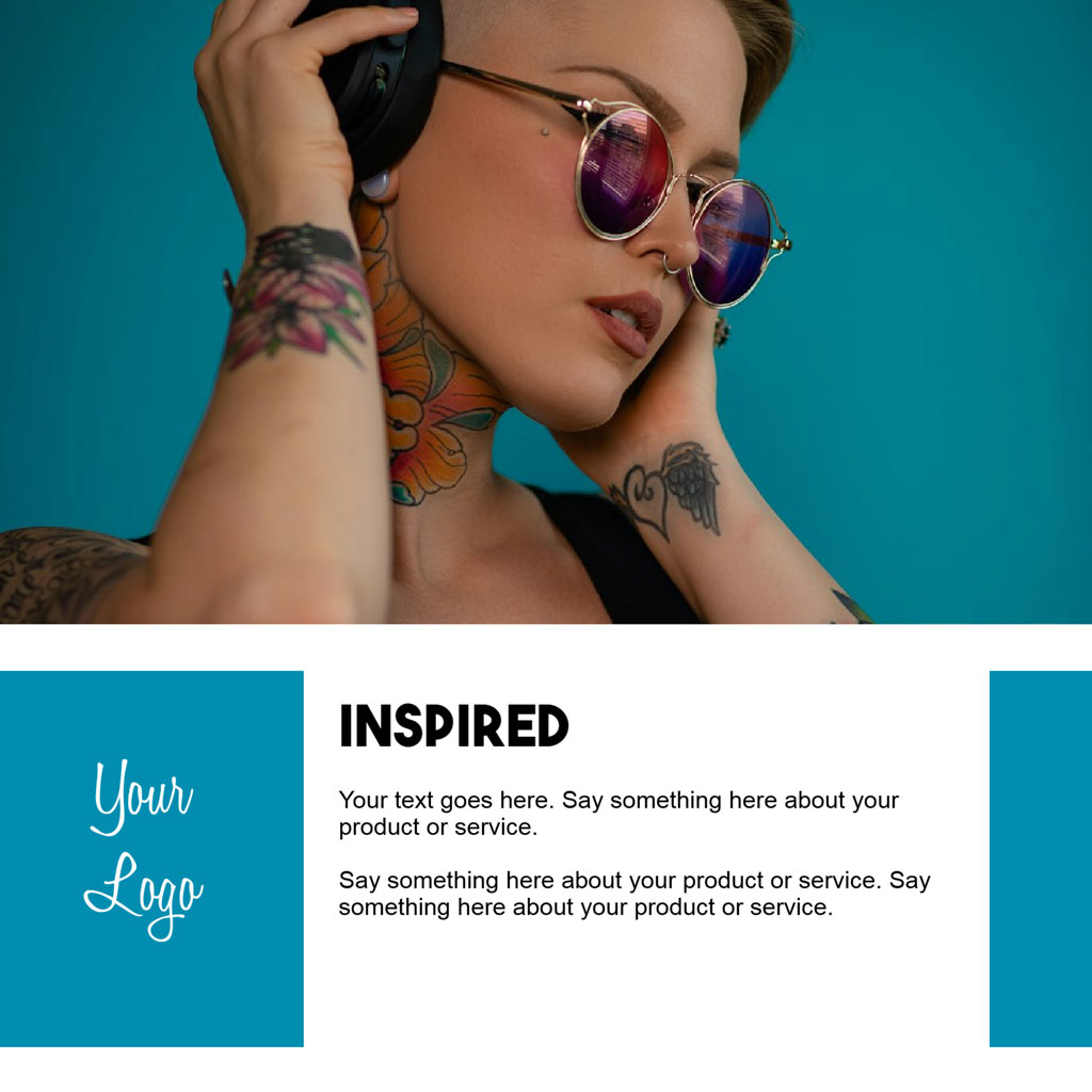 Woman with tattoos listening to music on headphones