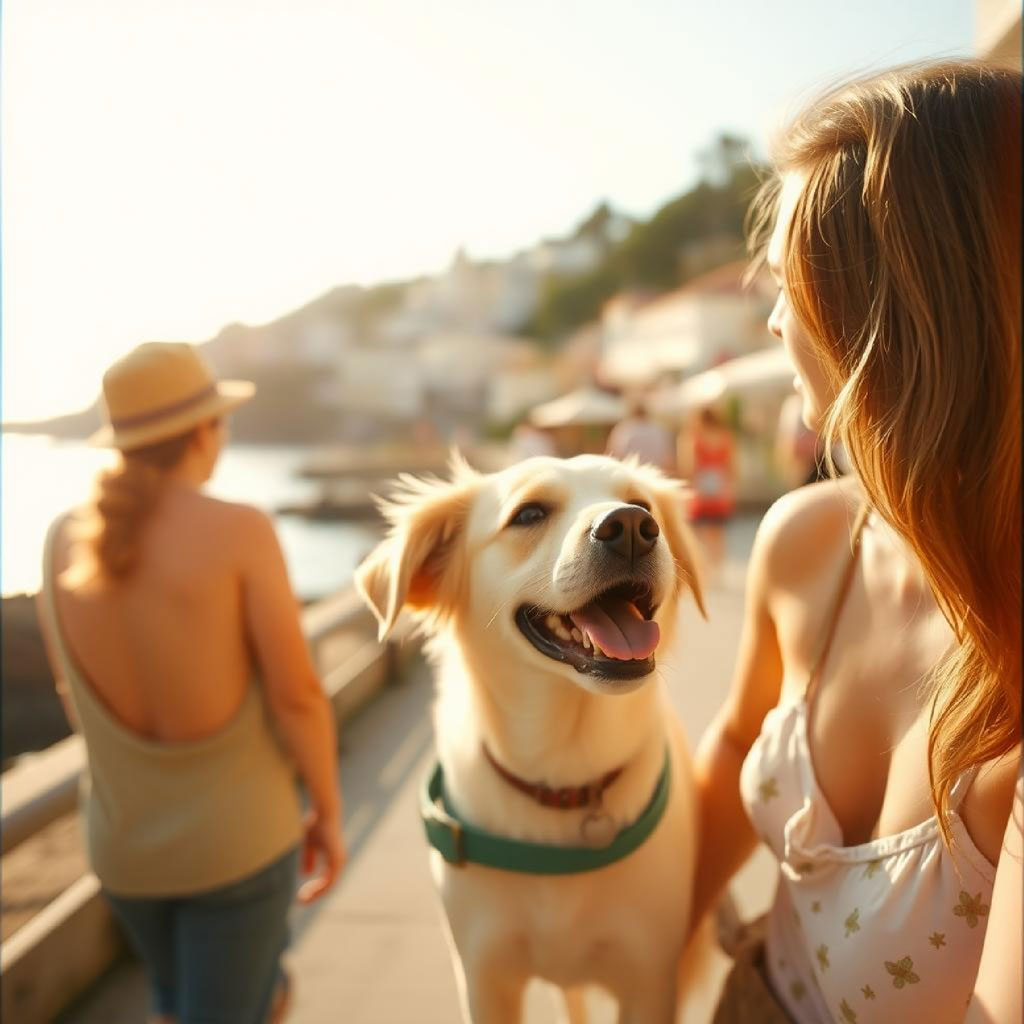 Two women standing on a waterfront promenade with buildings in the background