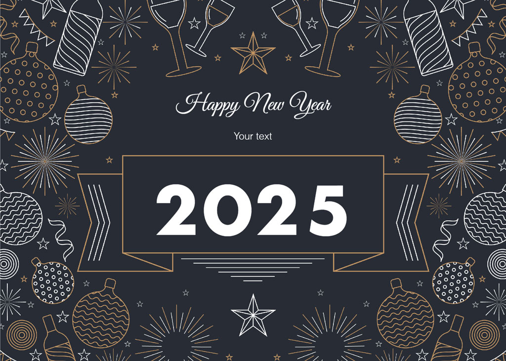 Happy New Year 2025 greeting card with champagne glasses and fireworks