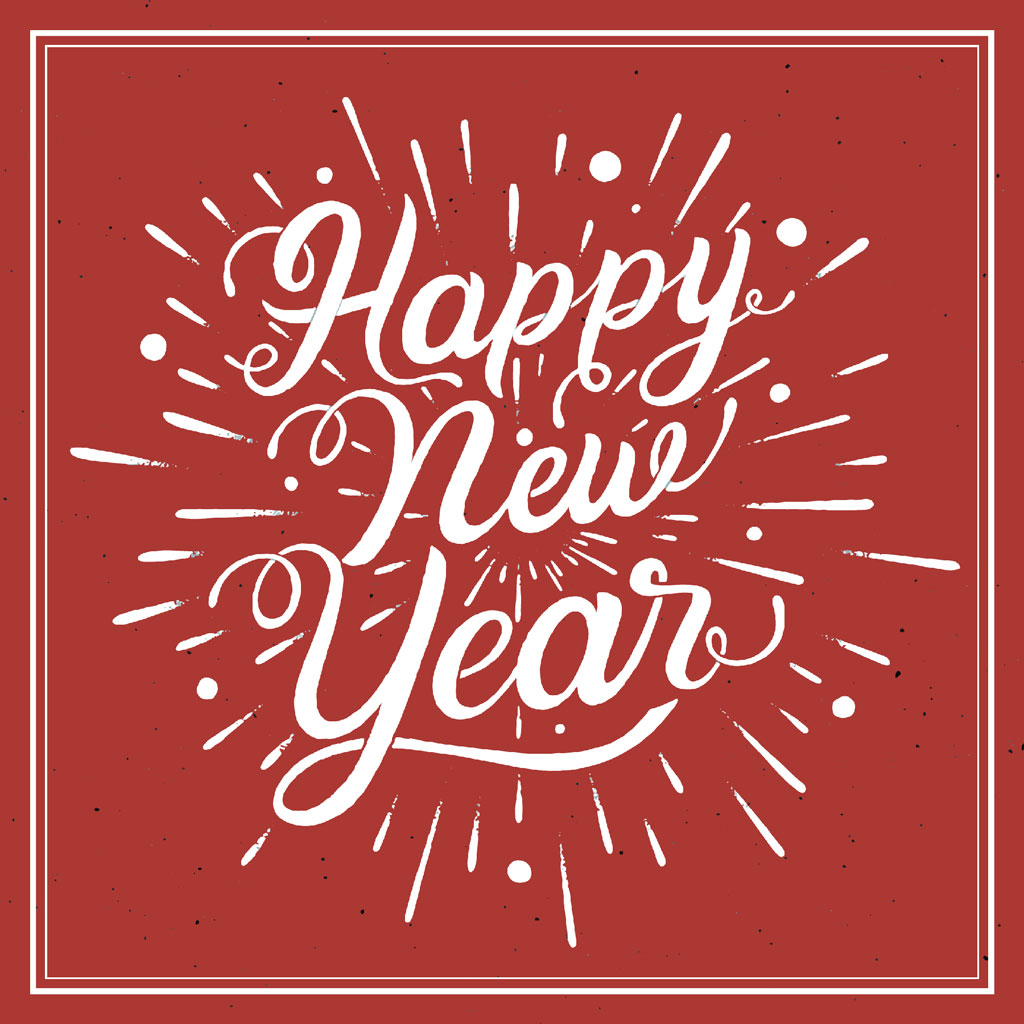 Happy New Year greeting card with red background and white text