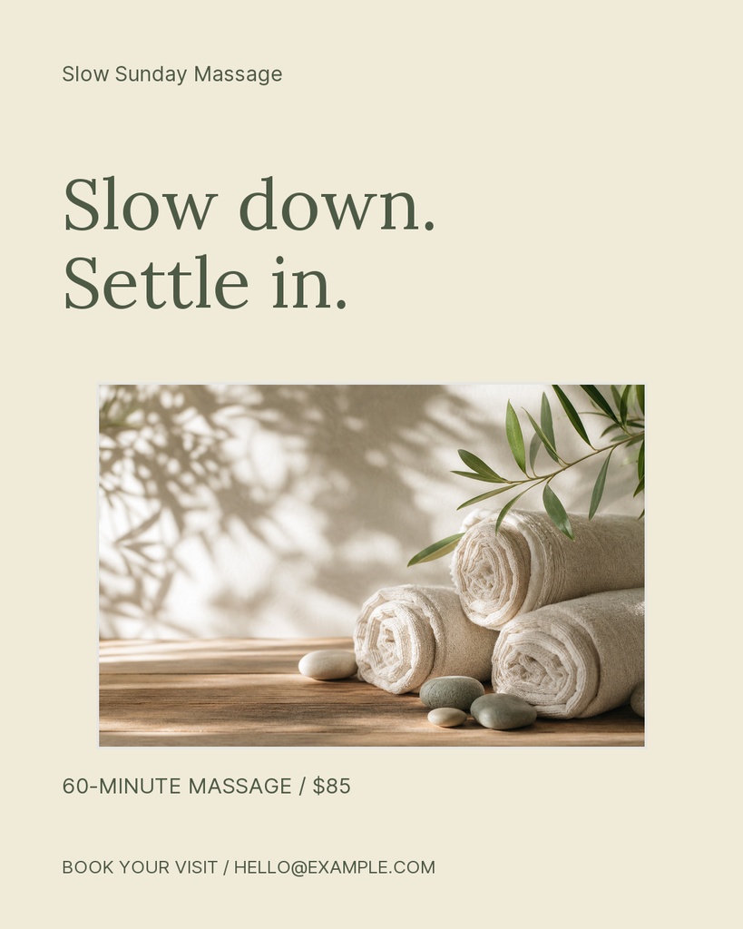 Minimal beige portrait post with massage towels, stones, and leafy branches beside large headline text.