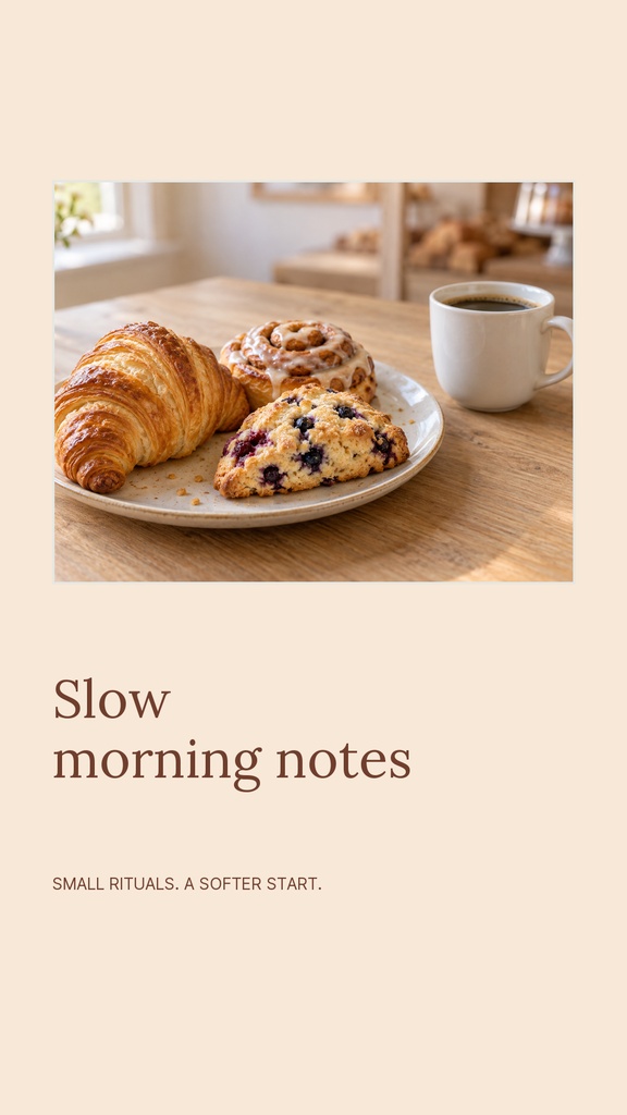 Portrait template with pastries and coffee on a wooden table above the text Slow Morning Notes.