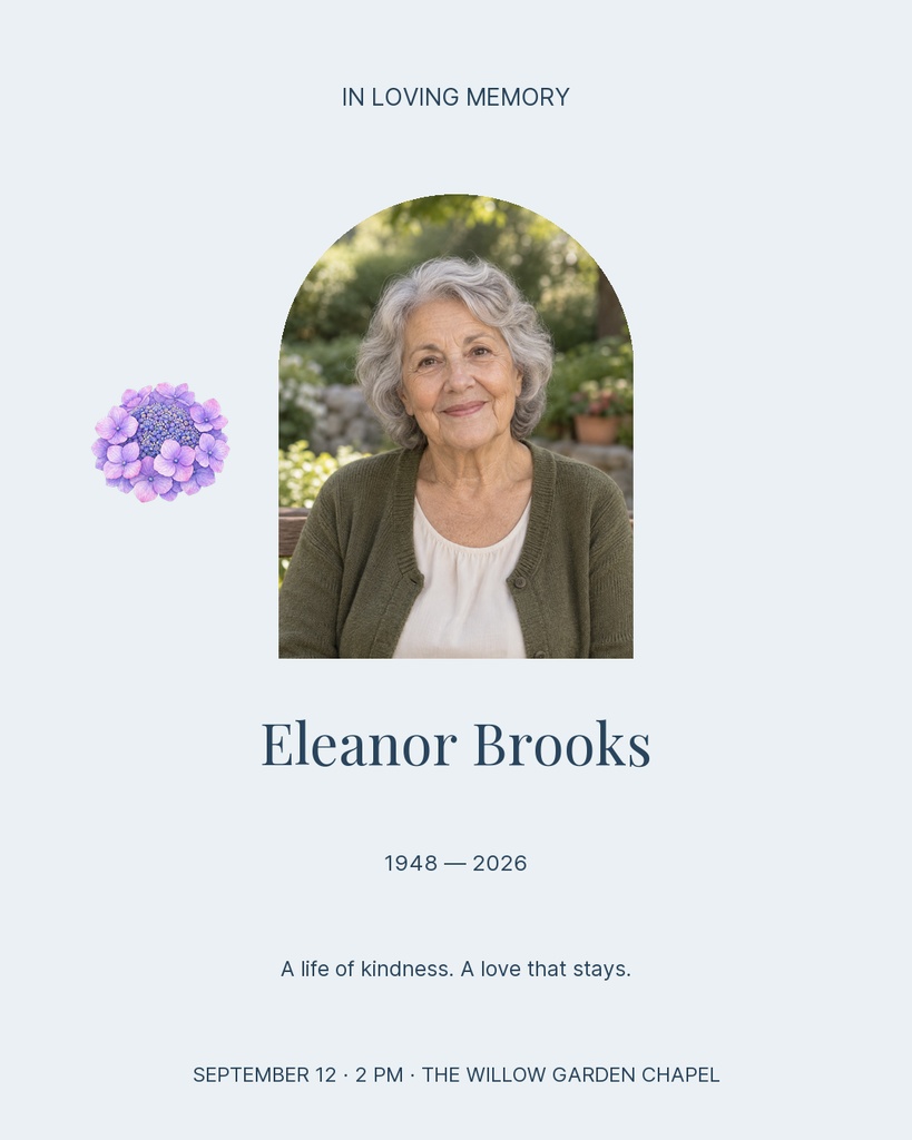 Memorial portrait post with an elderly woman’s photo, purple flowers, and remembrance text on a pale blue background.
