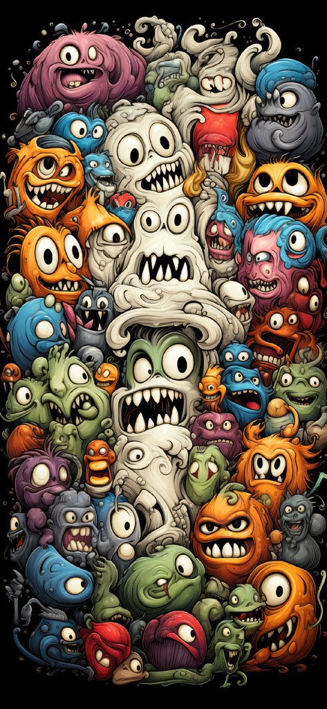 A colorful and playful illustration of a diverse group of cartoon monsters and creatures