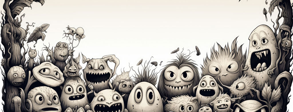 A black and white illustration of various monsters and creatures