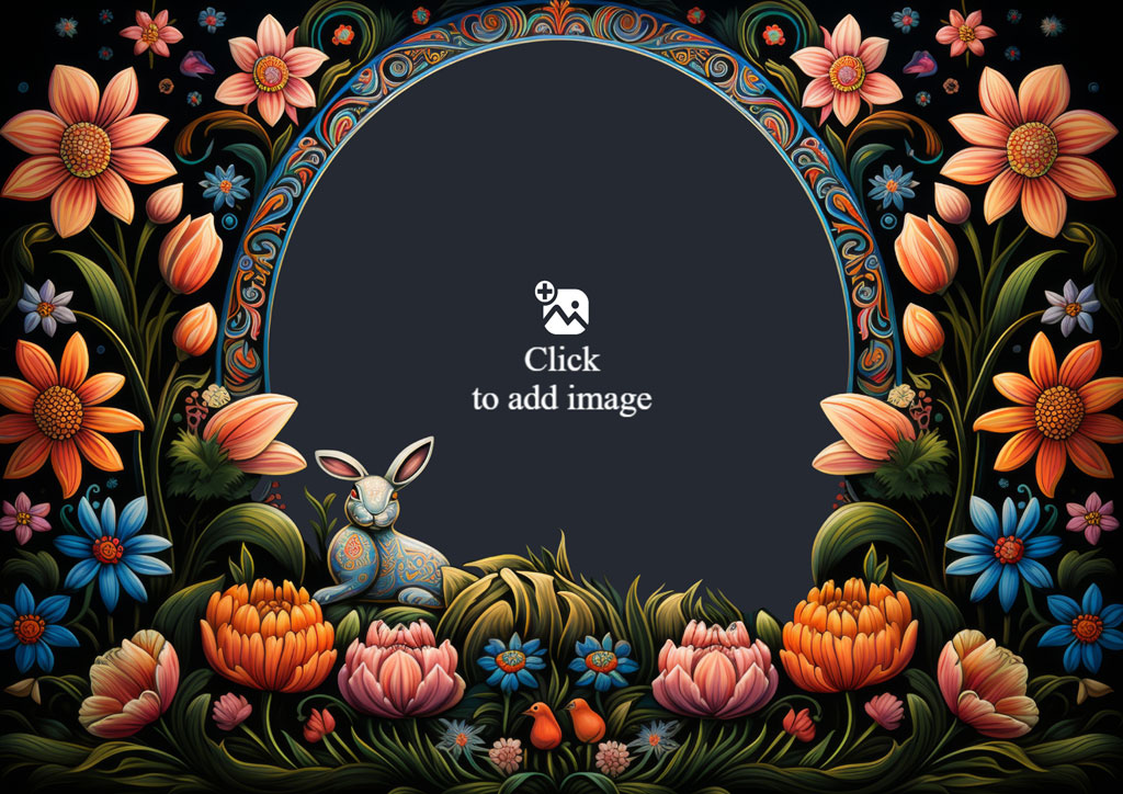 Illustration of a rabbit in a floral frame with orange, blue, and pink flowers