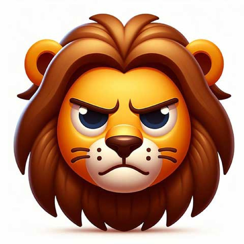 A cartoon lion with a big smile and bright blue eyes