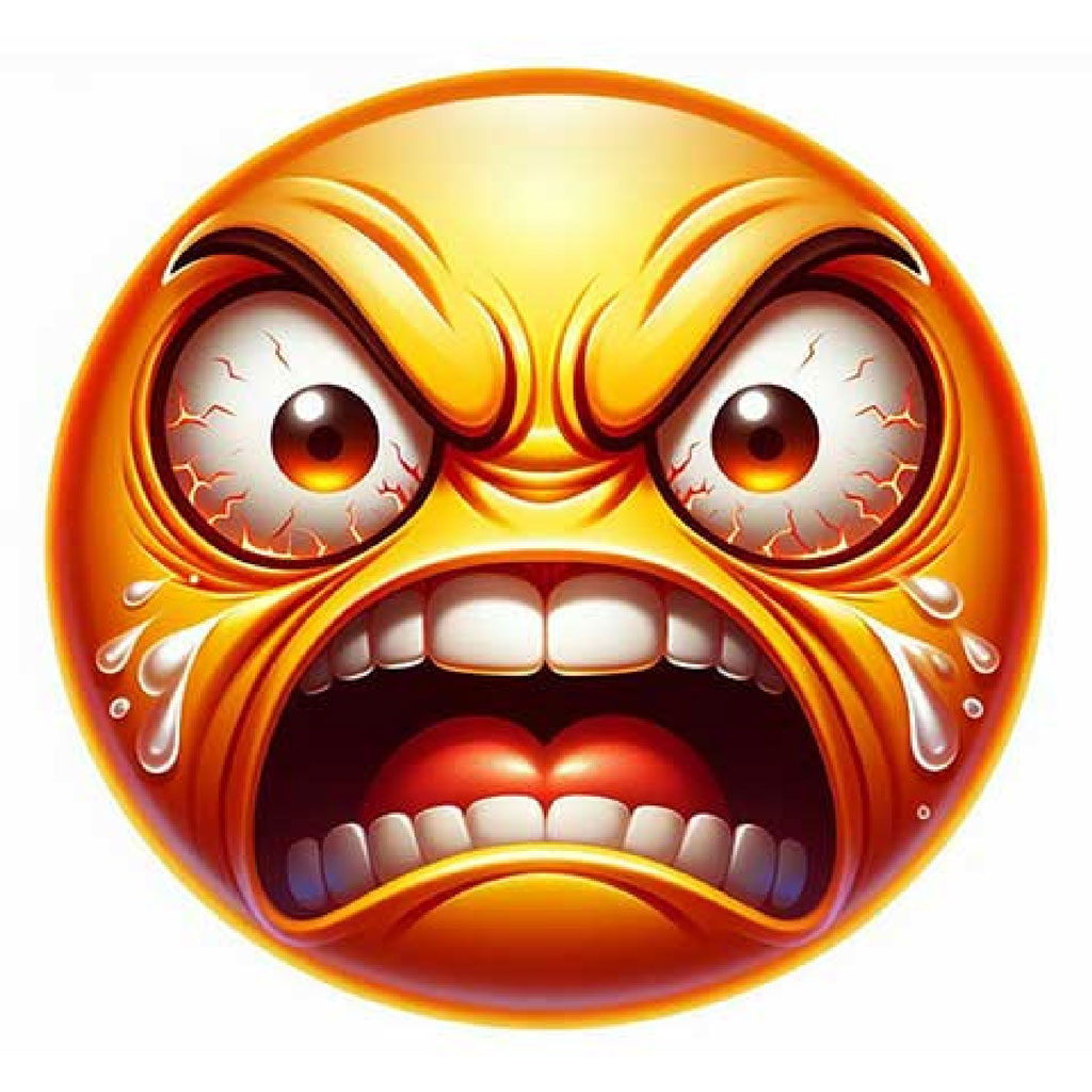 Angry yellow emoji with furrowed eyebrows and open mouth