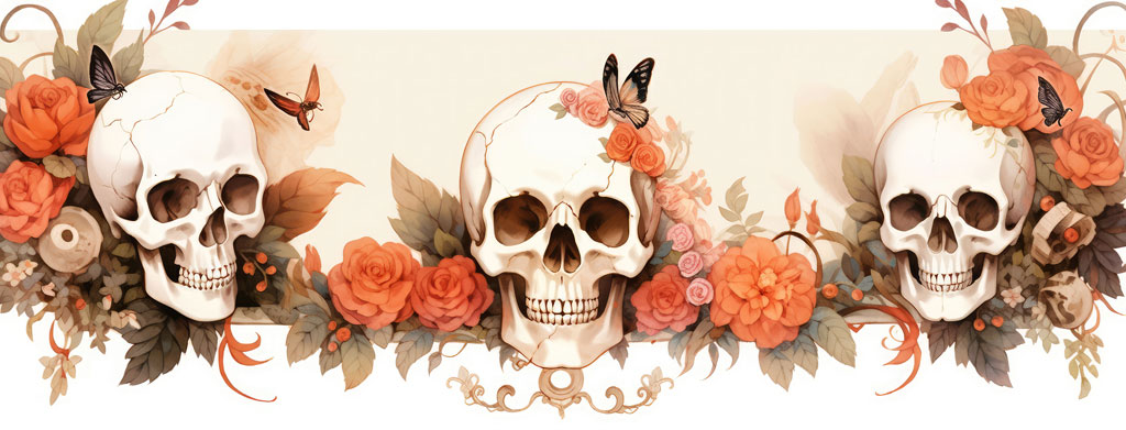 Watercolor illustration of three skulls with flowers and butterflies