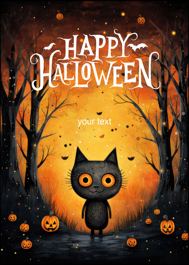 Happy Halloween card with a cartoon black cat in a forest with jack-o'-lanterns