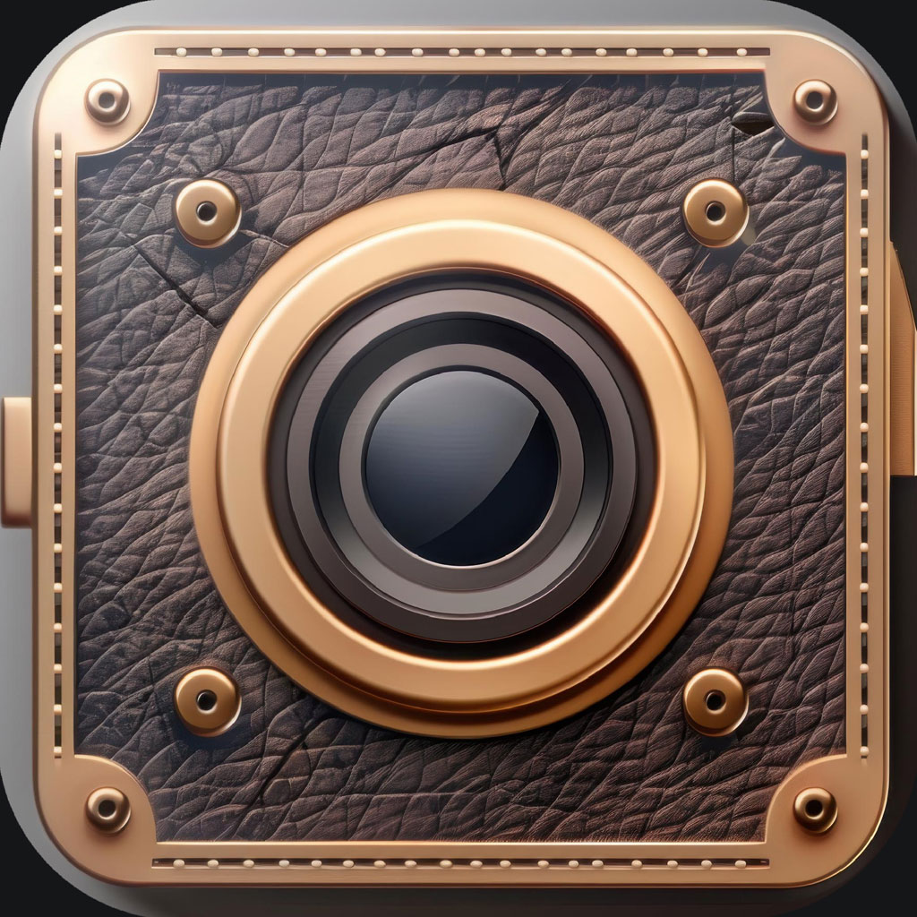 A luxury camera icon with a leather and gold design.