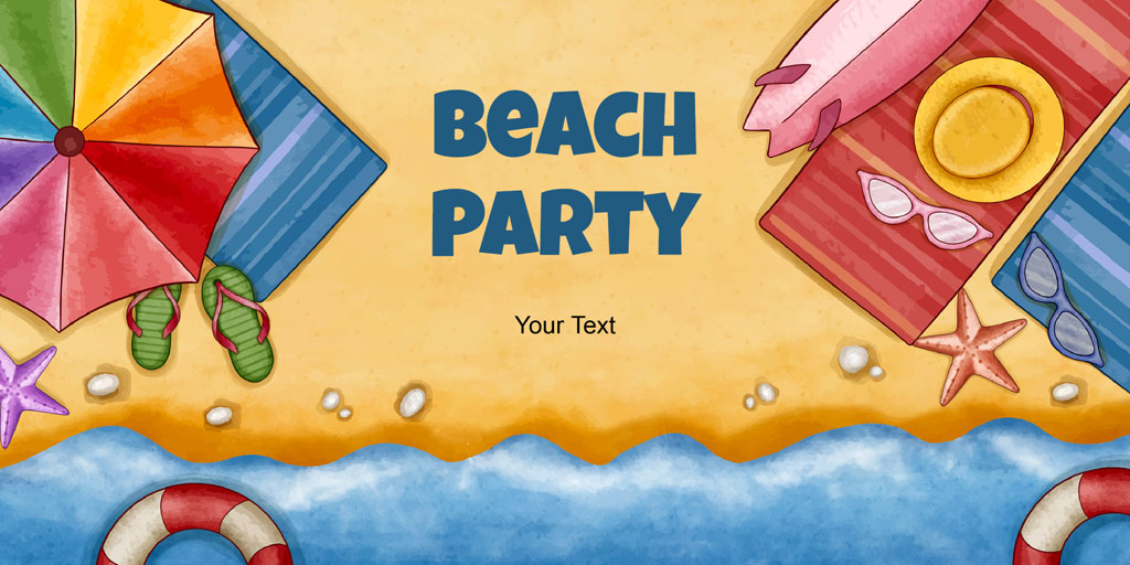 A beach party scene with umbrellas, towels, and accessories