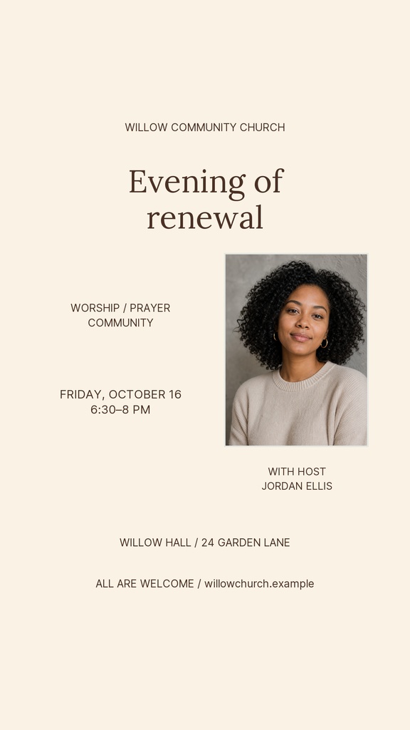 Minimal church Instagram story template with event details and a portrait photo on a beige background.