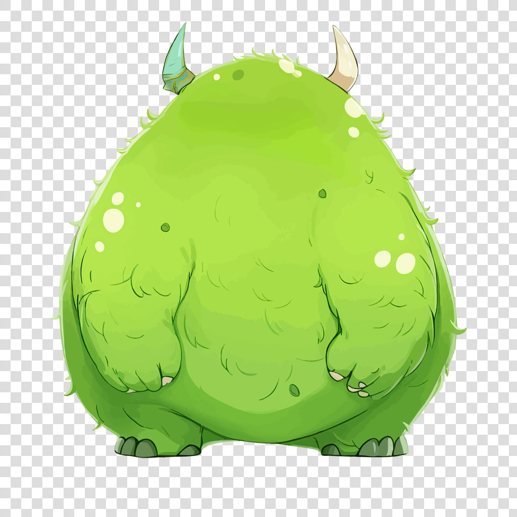 A green monster with two horns and a spiky body