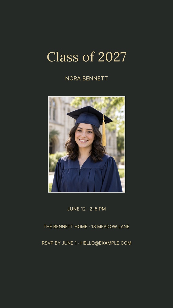 Dark graduation story template with gold text and a centered portrait of a smiling graduate.