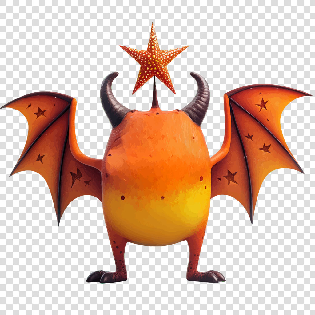 Illustration of an orange creature with bat wings and a star