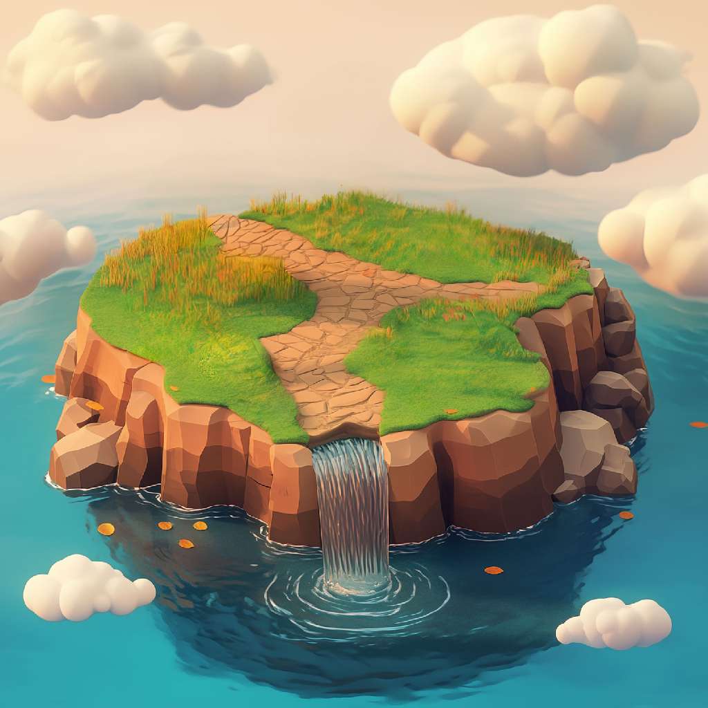 A cartoon island with a waterfall in the middle of the ocean.