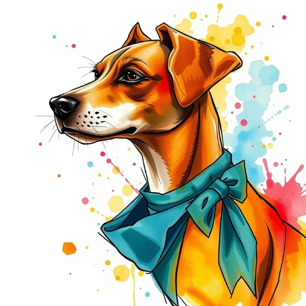 Illustration of a woman in a black dress and hat with colorful paint splatters