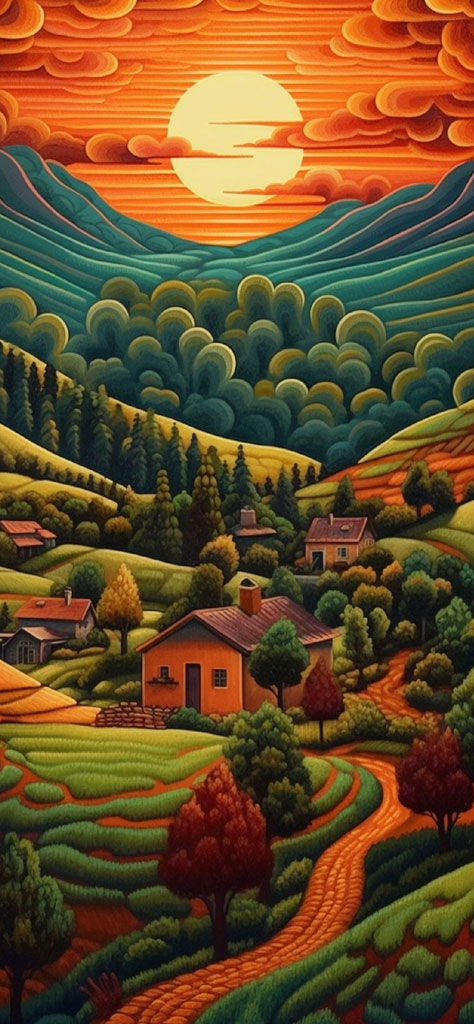 Stylized village in rolling hills at sunset