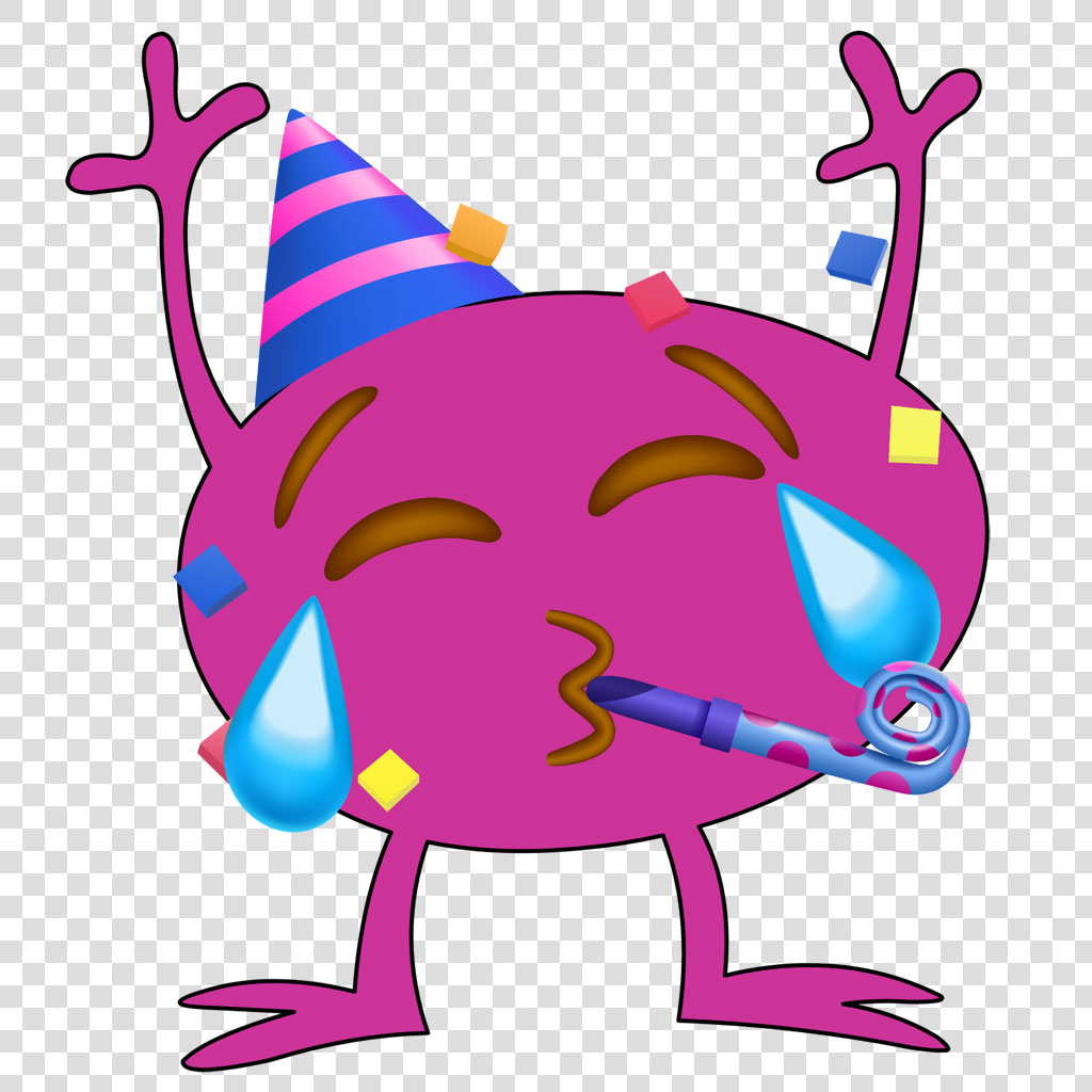 A pink cartoon character wearing a party hat and using a noisemaker.
